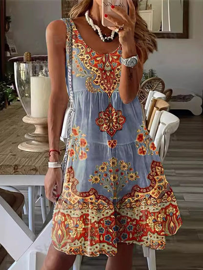 JO | Boho round neckline floral pattern mini dress sleeveless