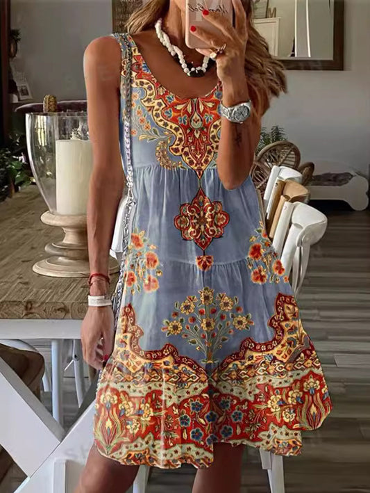 JO | Boho round neckline floral pattern mini dress sleeveless