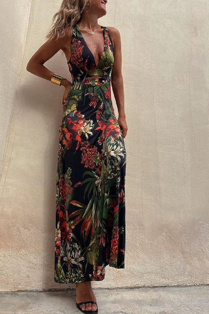 JO | RAINFOREST PARADISE TROPICAL PRINT NECKLINE BACK CROSSOVER STRETCH MAXI DRESS