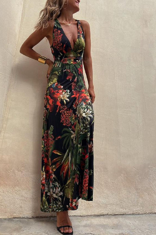 JO | RAINFOREST PARADISE TROPICAL PRINT NECKLINE BACK CROSSOVER STRETCH MAXI DRESS