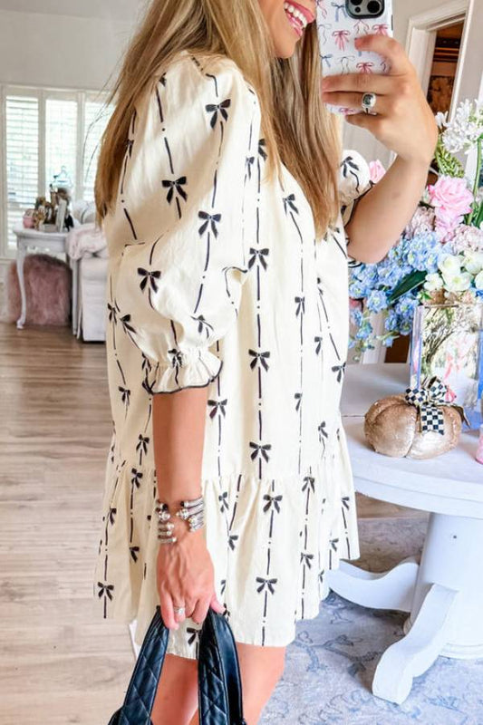 JO | Beige Cute Bowknot Printed Bubble Sleeve V-Neck Mini Dress