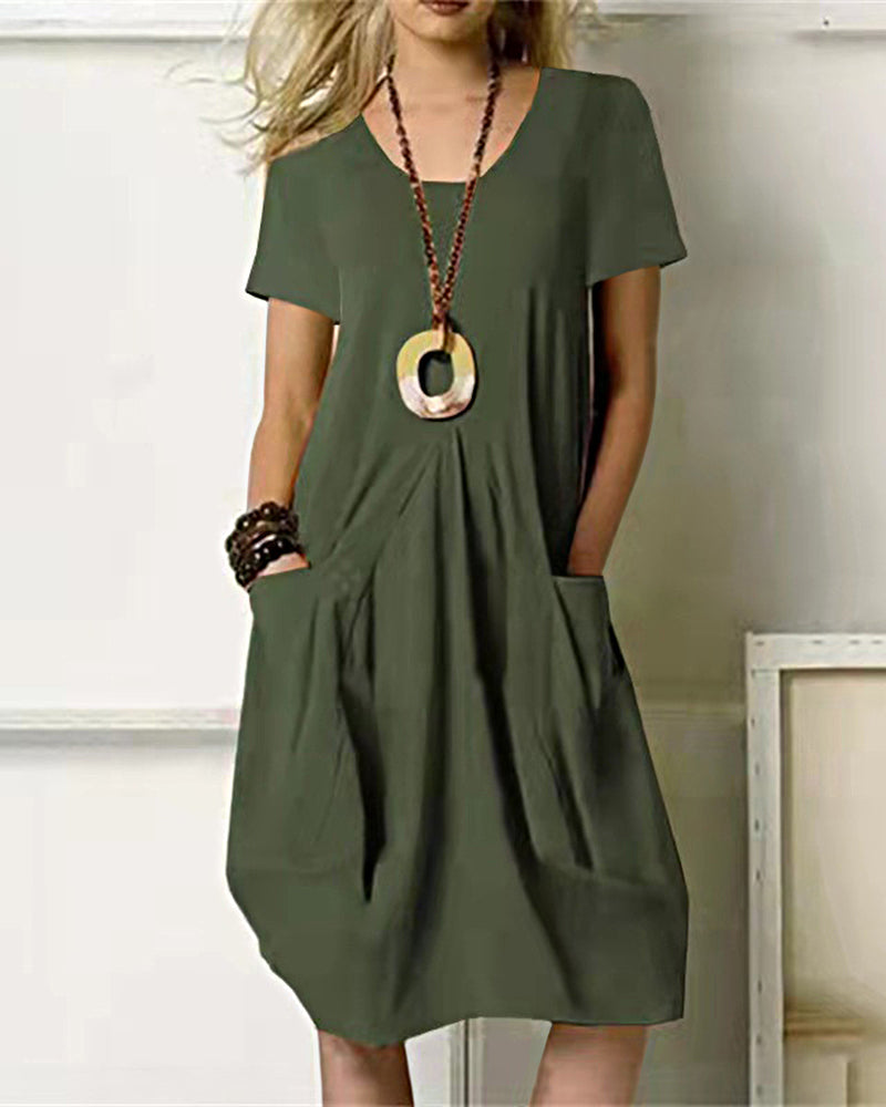 JO | Casual loose sundress Midi dress Short sleeve beach dress with pockets