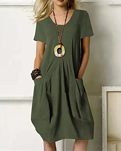 JO | Casual loose sundress Midi dress Short sleeve beach dress with pockets