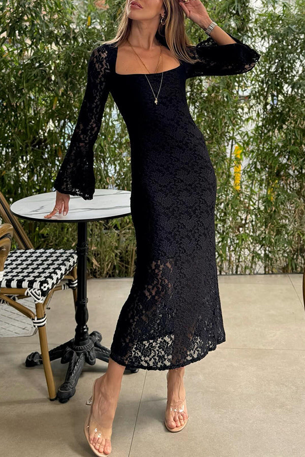 JO | Luxe Lifestyle Lace Square Neckline Bell Sleeves Lined Slit Midi Dress