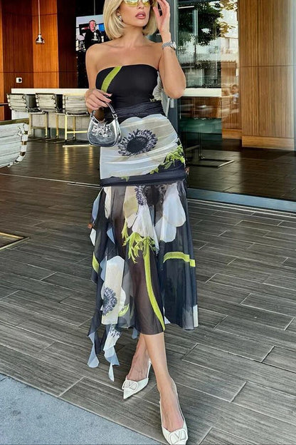 JO | Raquel Mesh Overlay Floral Print Shoulderless Ruched Ruffled Stretch Midi Dress