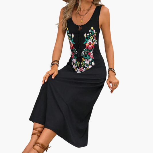 JO | Women's sleeveless midi dress with floral embroidery
