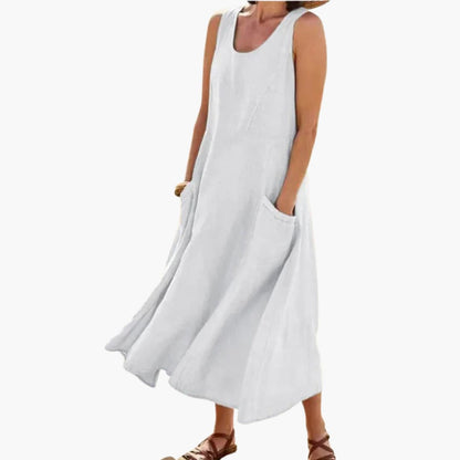 JO | Women's linen sleeveless midi dress with round neckline and pockets