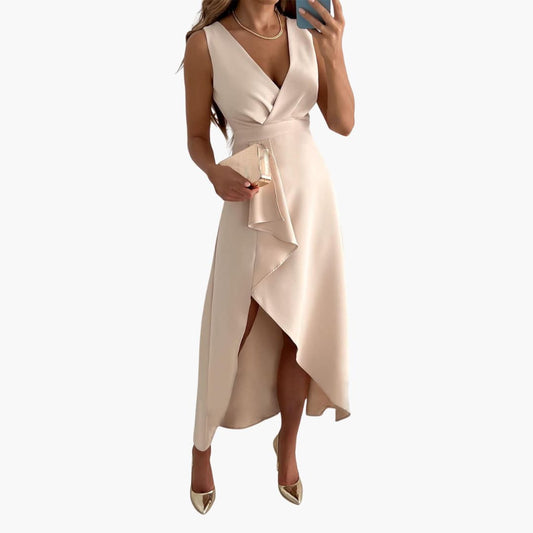 JO | Women's sleeveless midi dress with V-neck and high-low hem