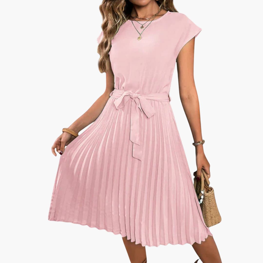 JO | Women's casual midi dress with pleated skirt and tie belt