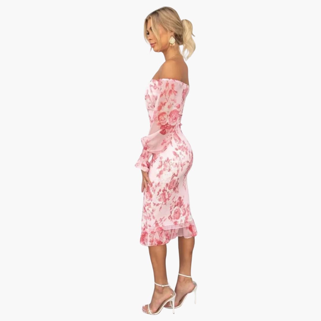 JO | Summery midi dress for women with floral print and sheer sleeves