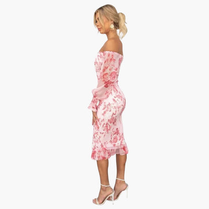 JO | Summery midi dress for women with floral print and sheer sleeves