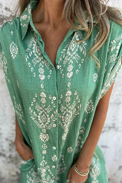 JO | Linen Blend Unique Print Lapel Casual Pocket Mini Dress