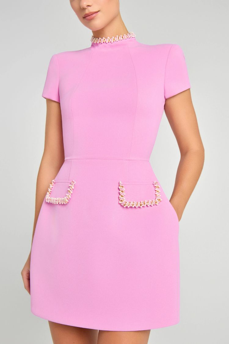 JO | Sweet and elegant fragrance Beaded short sleeve mini dress with pockets