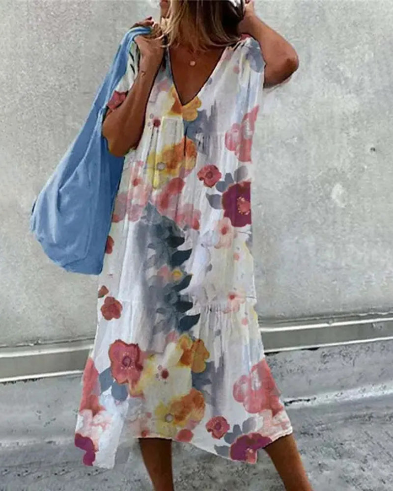JO | Baggy Floral Print Swing Midi Dress Short Sleeve Casual Beach Sundress
