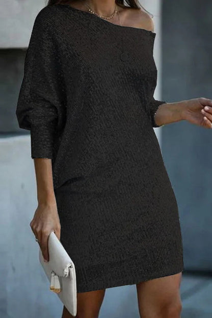 JO | Solid Sequins Off-shoulder Loose Mini Dress
