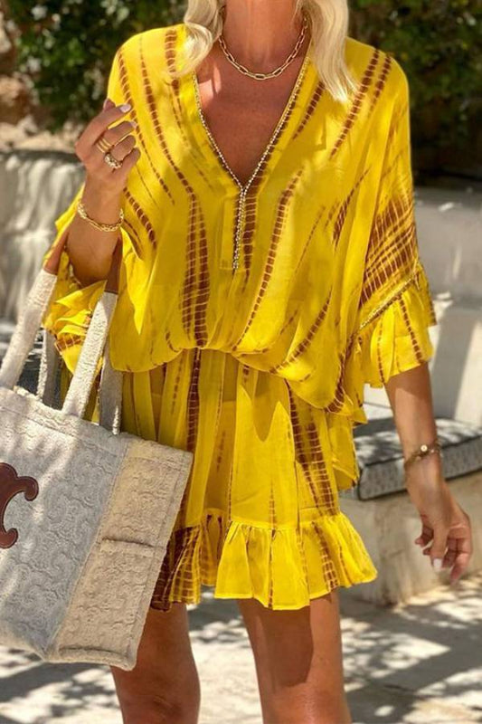 JO | Lemon Flavor Tie Dye Ruffle Batwing Sleeve Elastic Waist Kaftan Mini Dress