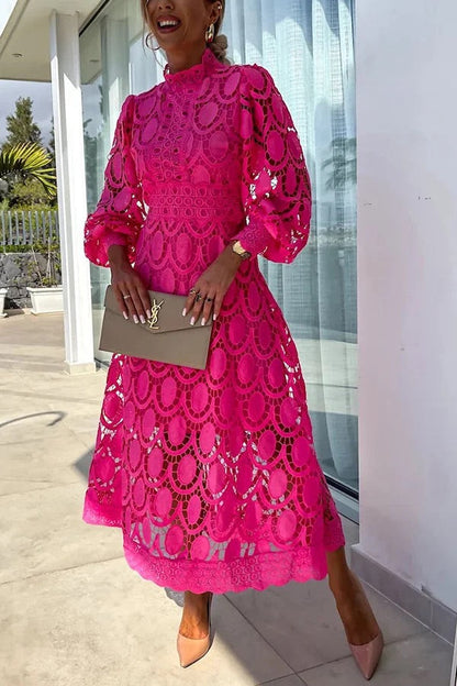 JO | Romantic, Sensual and Elegant Crochet Lace Lantern Sleeve Party Midi Dress