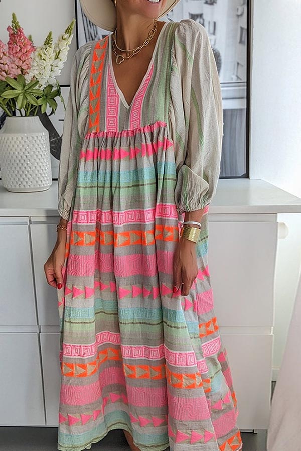 JO | Pink striped midi dress with Greek key and orange necklace