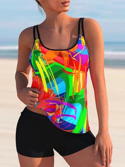 JO | Plus Size Swimwear Sleeveless Floral Printed Light Striped Tankini