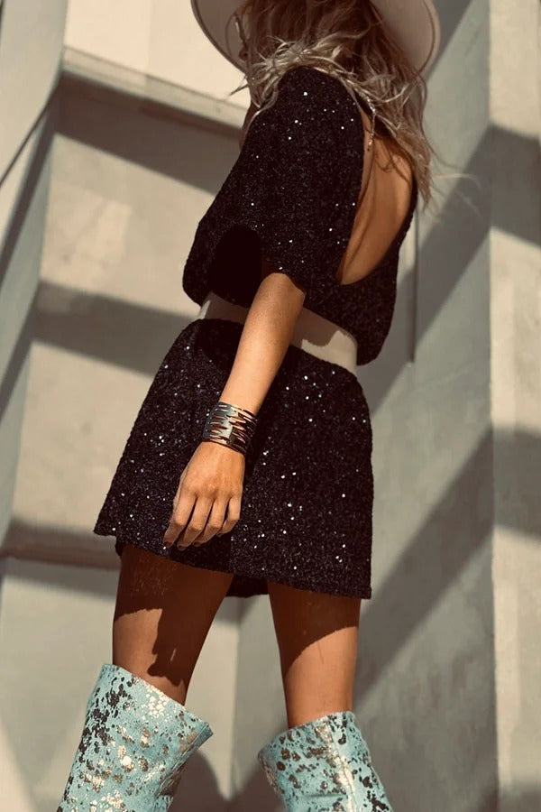 JO | Night Moves sequin fabric short sleeves backless H-line mini dress