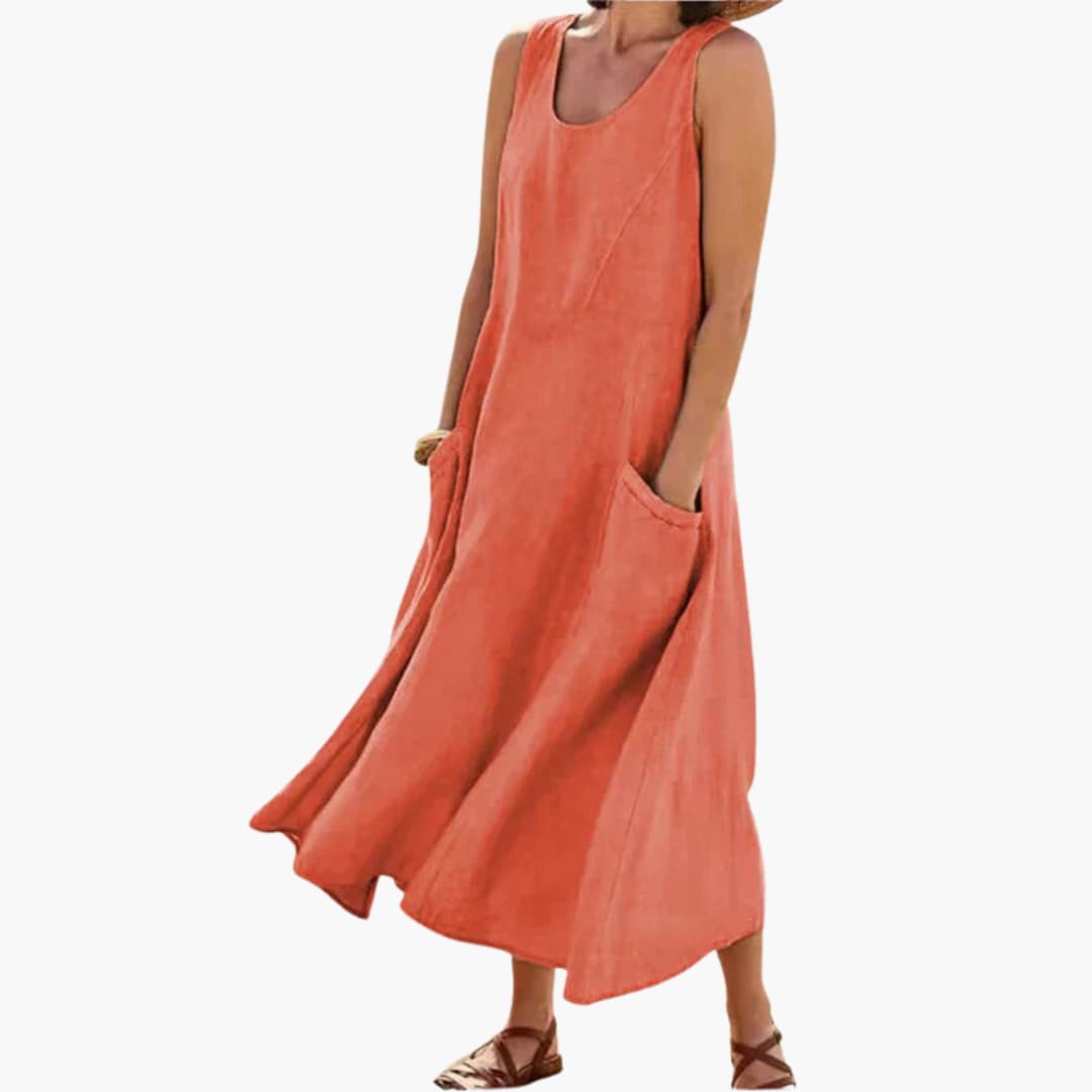 JO | Women's linen sleeveless midi dress with round neckline and pockets