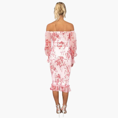 JO | Summery midi dress for women with floral print and sheer sleeves