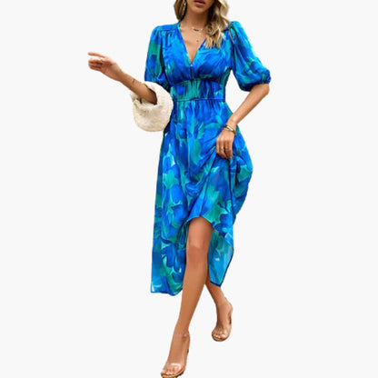 JO | Summery midi dress for women with floral print and lantern sleeves