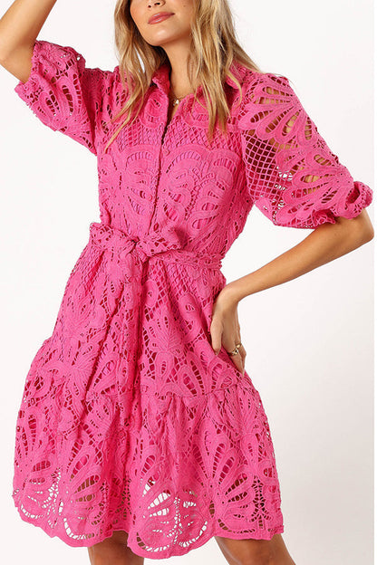 JO | Solid color lace neckline balloon sleeves and waist tie mini dress