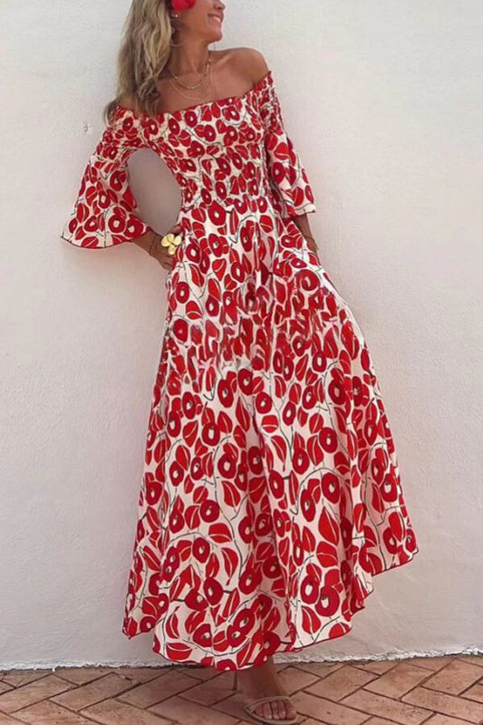 JO | Close To The Vacation Floral Print Smocked Off Shoulder Pocketed Maxi Dress