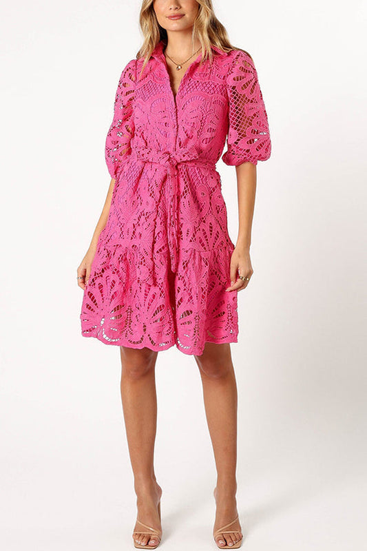 JO | Solid color lace neckline balloon sleeves and waist tie mini dress