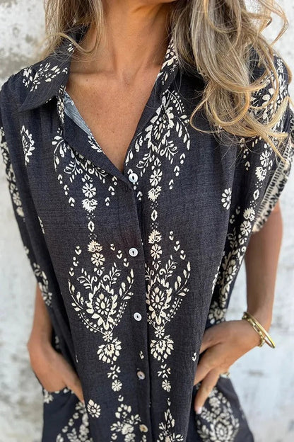 JO | Linen Blend Unique Print Lapel Casual Pocket Mini Dress