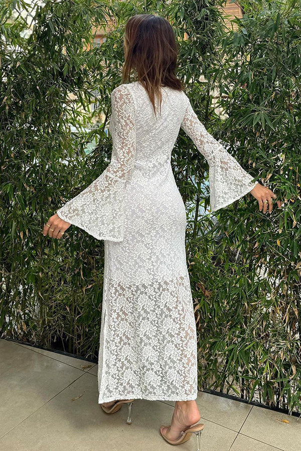 JO | Luxe Lifestyle Lace Square Neckline Bell Sleeves Lined Slit Midi Dress
