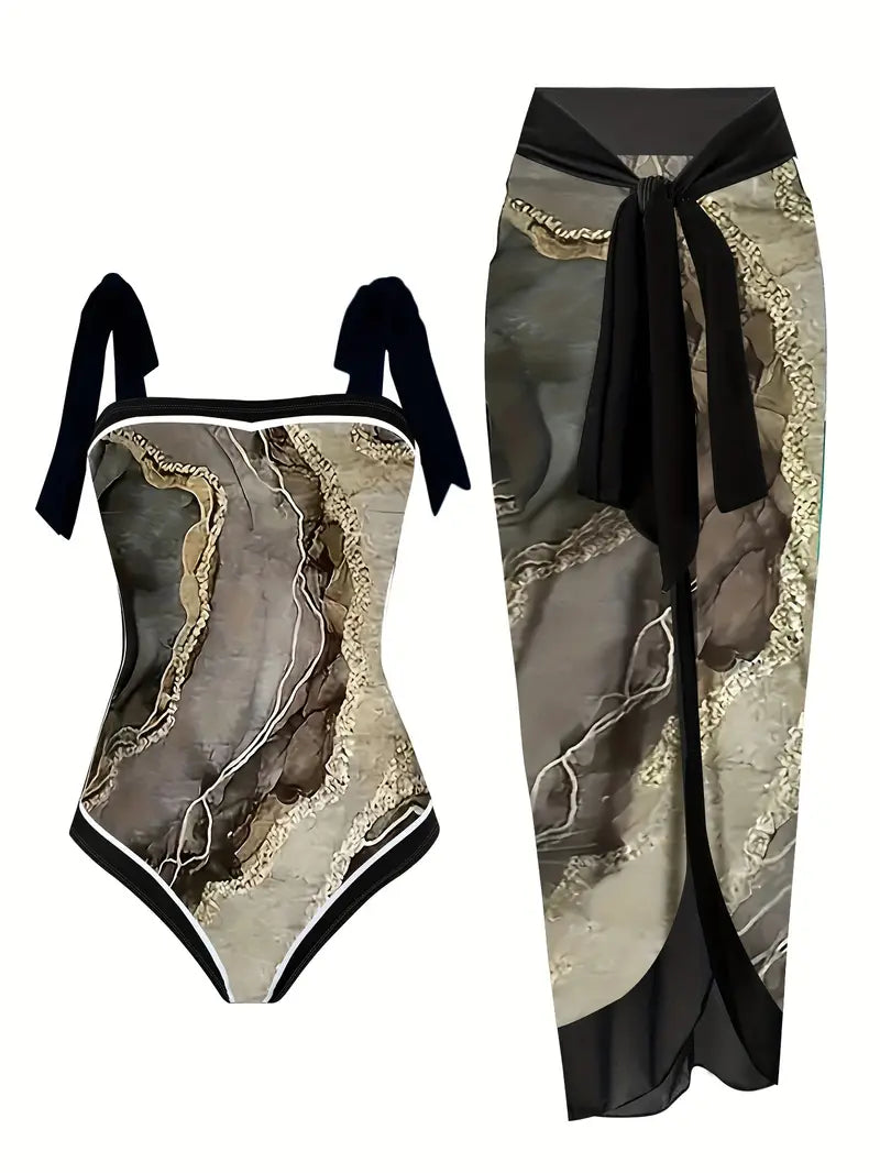 JO | Elegant swimsuit & skirt with marble print in one piece