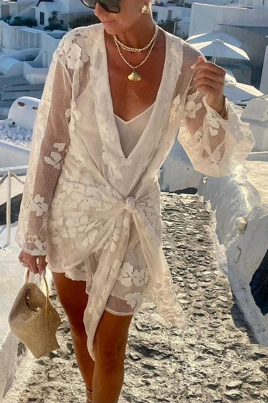JO | Beach Elegance Floral Lace Long Sleeve Wrap Tie-up Vacation Mini Dress