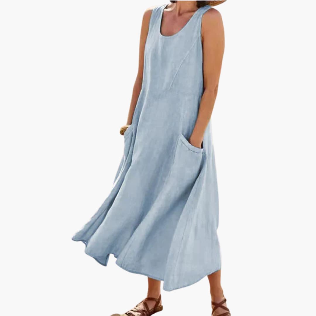 JO | Women's linen sleeveless midi dress with round neckline and pockets