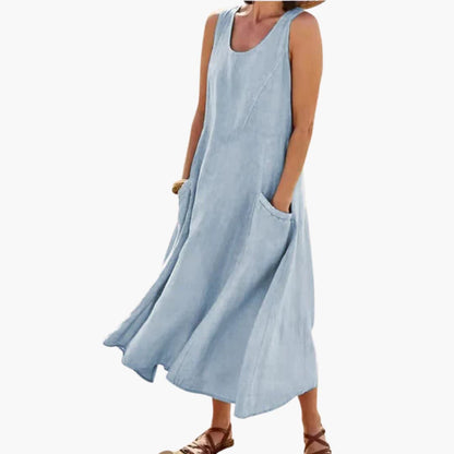 JO | Women's linen sleeveless midi dress with round neckline and pockets