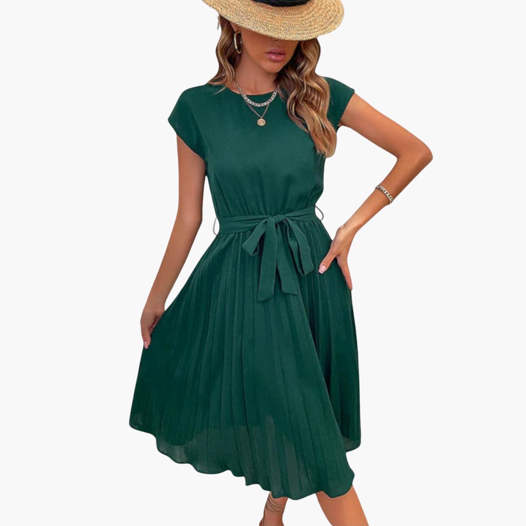 JO | Women's casual midi dress with pleated skirt and tie belt