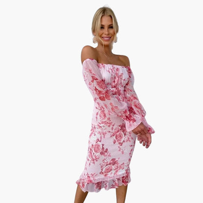 JO | Summery midi dress for women with floral print and sheer sleeves