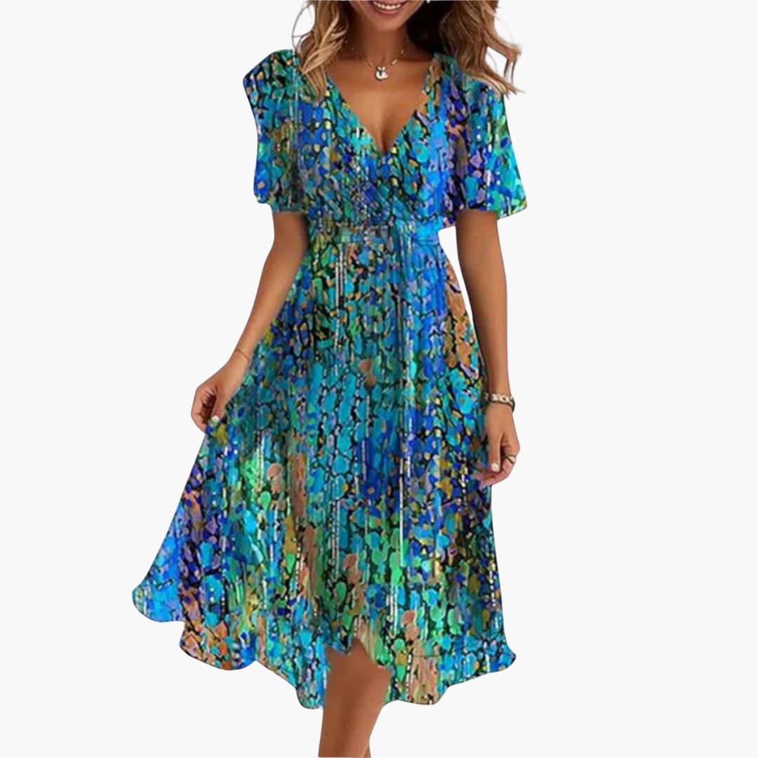 JO | Women's summer midi dress with high-low hem and V-neckline