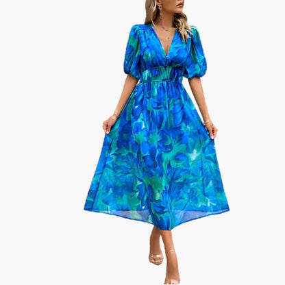 JO | Summery midi dress for women with floral print and lantern sleeves