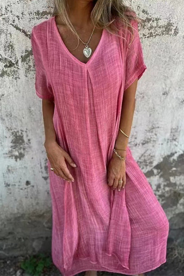 JO | V-neck loose fit cotton linen midi dress