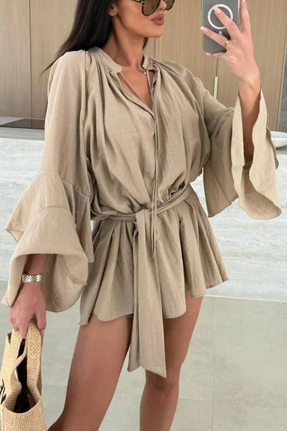 JO | Molly Linen Blend Tiered Bell Sleeve Tie-up Cover-up Mini Dress