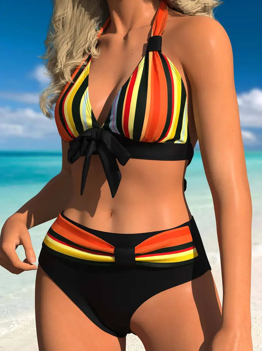 JO | Colorful stripe print halter bikini with drawstring