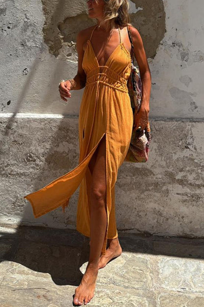 JO | Linen Blend Elastic Waist Halter Backless Pocket Slit Midi Dress