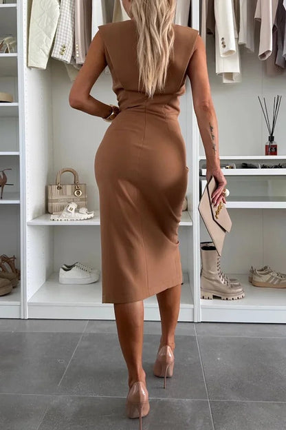 JO | Solid color Round neckline Sleeveless Slim fit midi dress with slit