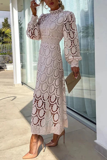 JO | Romantic, Sensual and Elegant Crochet Lace Lantern Sleeve Party Midi Dress
