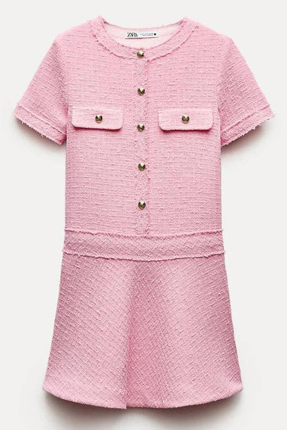 JO | 1960s London Girl tweed textured gold button short sleeve pocketed mini dress