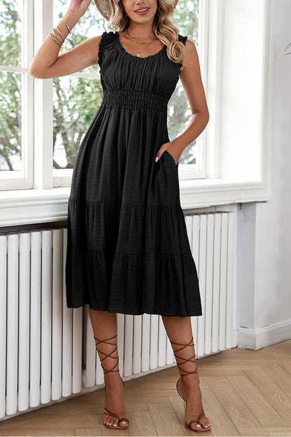 JO | Black sleeveless ruffled midi dress with ruffles and U-neckline