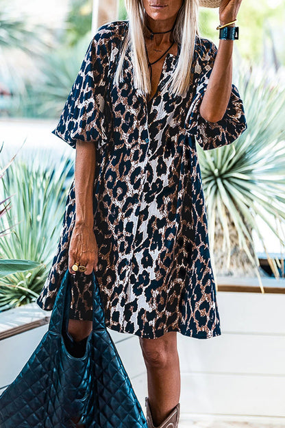 JO | Black Leopard Lantern Sleeve Button Up Mini Dress