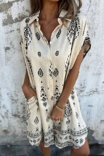 JO | Linen Blend Unique Print Lapel Casual Pocket Mini Dress